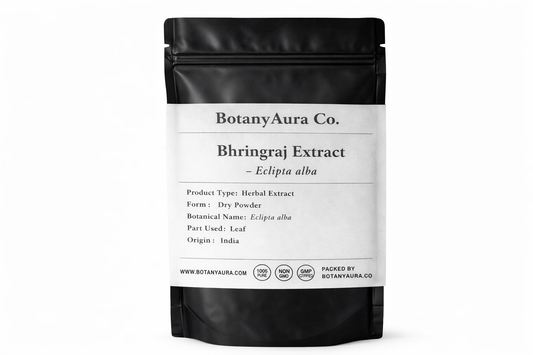 Bhringraj Extract Powder Eclipta alba in black pouch BotanyAura Co
