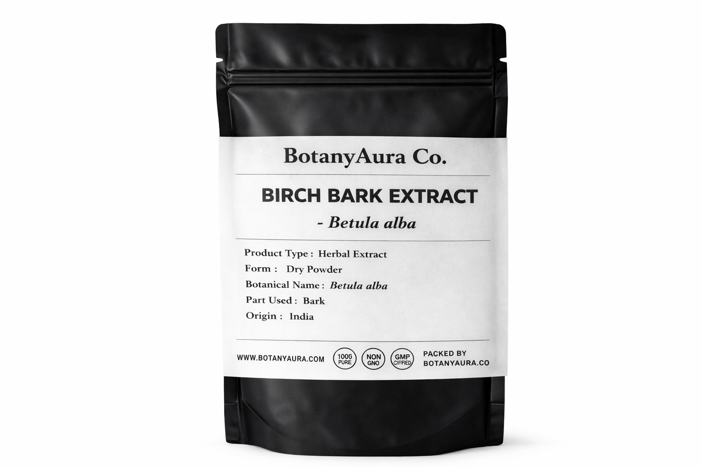 Birch Bark Extract Powder Betula alba in black pouch BotanyAura Co