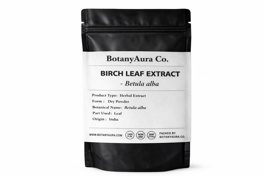 Birch Leaf Extract Powder Betula alba in black pouch BotanyAura Co