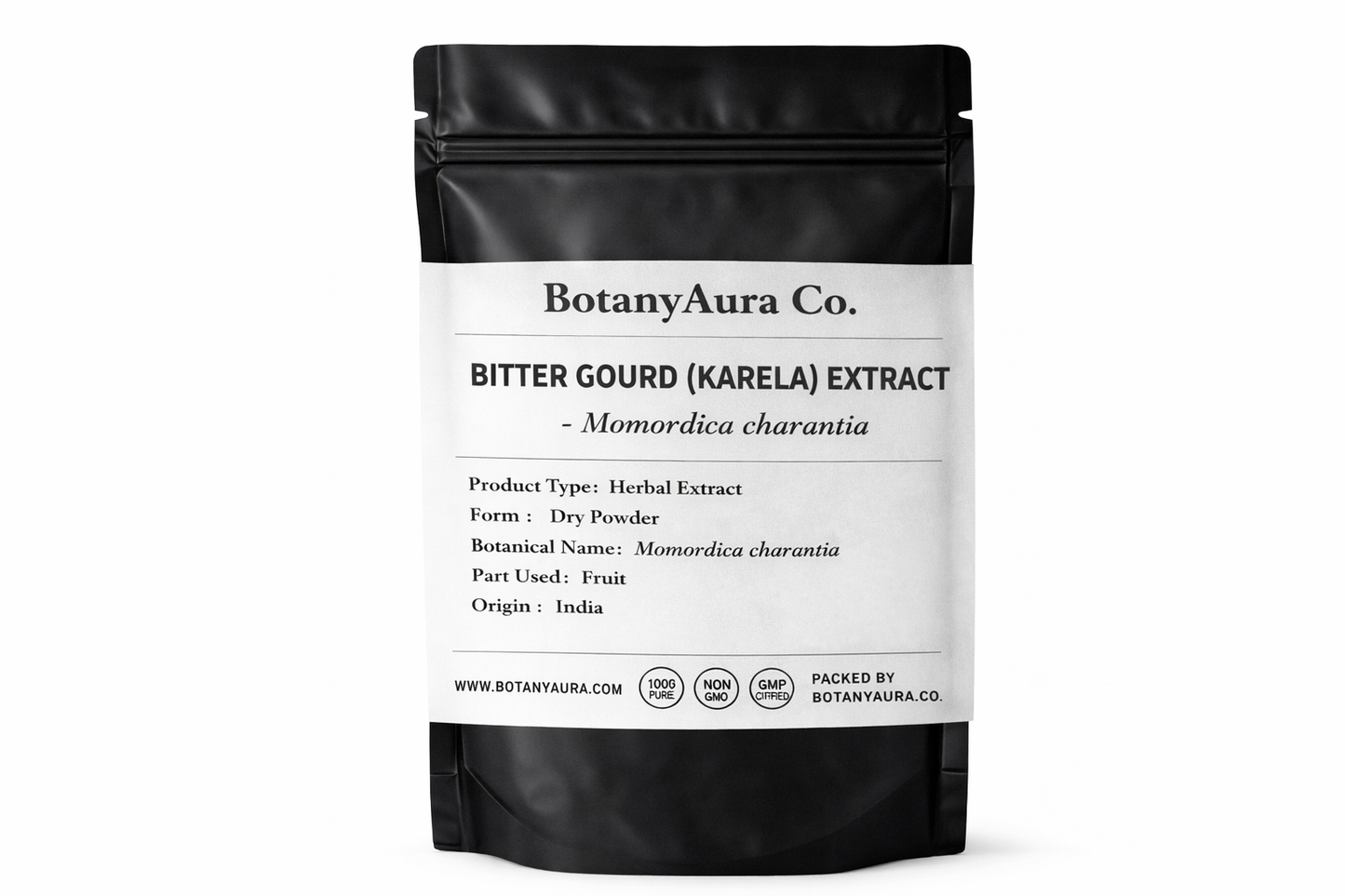 Bitter Gourd Extract Powder Momordica charantia in black pouch BotanyAura Co