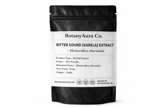 Bitter Gourd Extract Powder Momordica charantia in black pouch BotanyAura Co