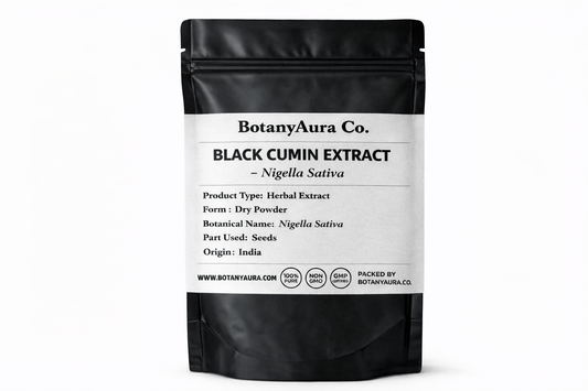 Premium Black Cumin Extract Nigella Sativa Powder in matte black pouch BotanyAura