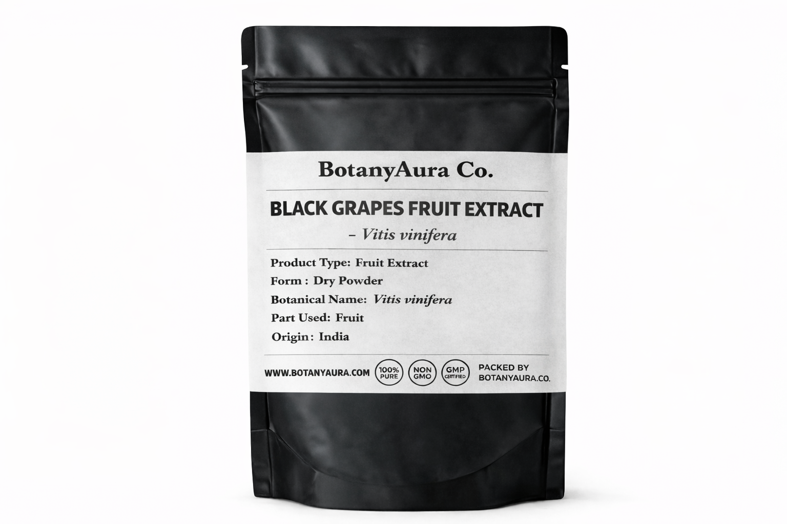 Premium Black Grapes Fruit Extract Vitis vinifera powder in matte black pouch BotanyAura