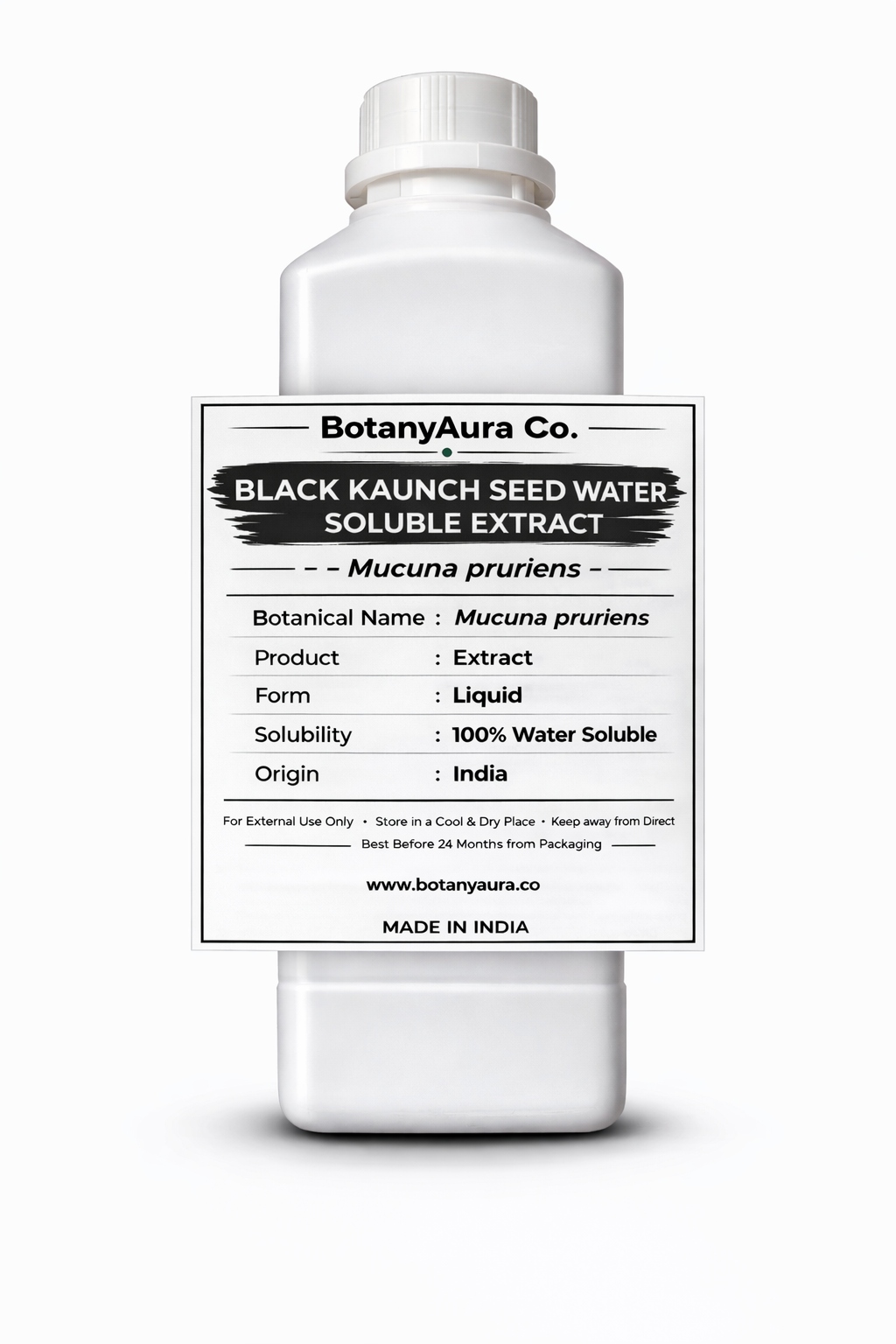 Black Kaunch Seed Water Soluble Extract by BotanyAura Co. in white bottle