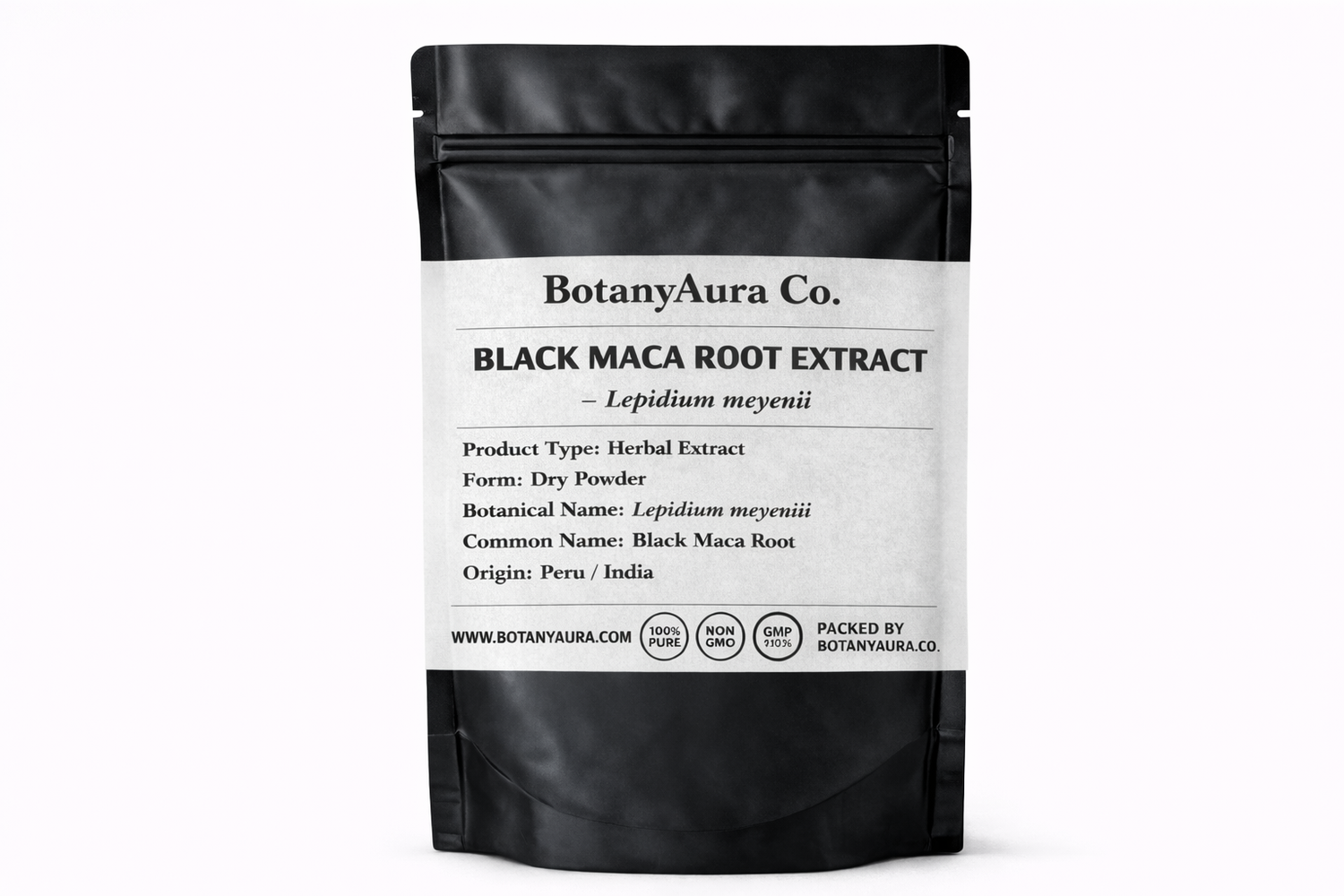 Premium Black Maca Root Extract Lepidium meyenii powder in matte black pouch BotanyAura