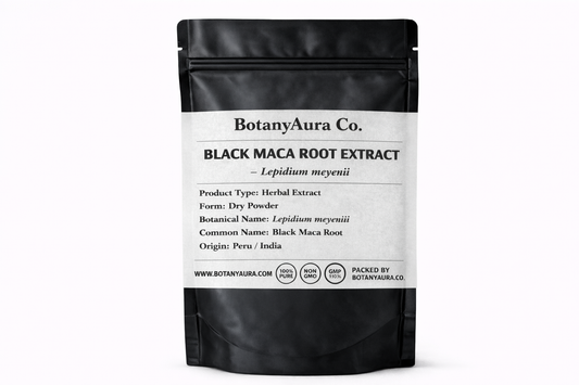 Premium Black Maca Root Extract Lepidium meyenii powder in matte black pouch BotanyAura