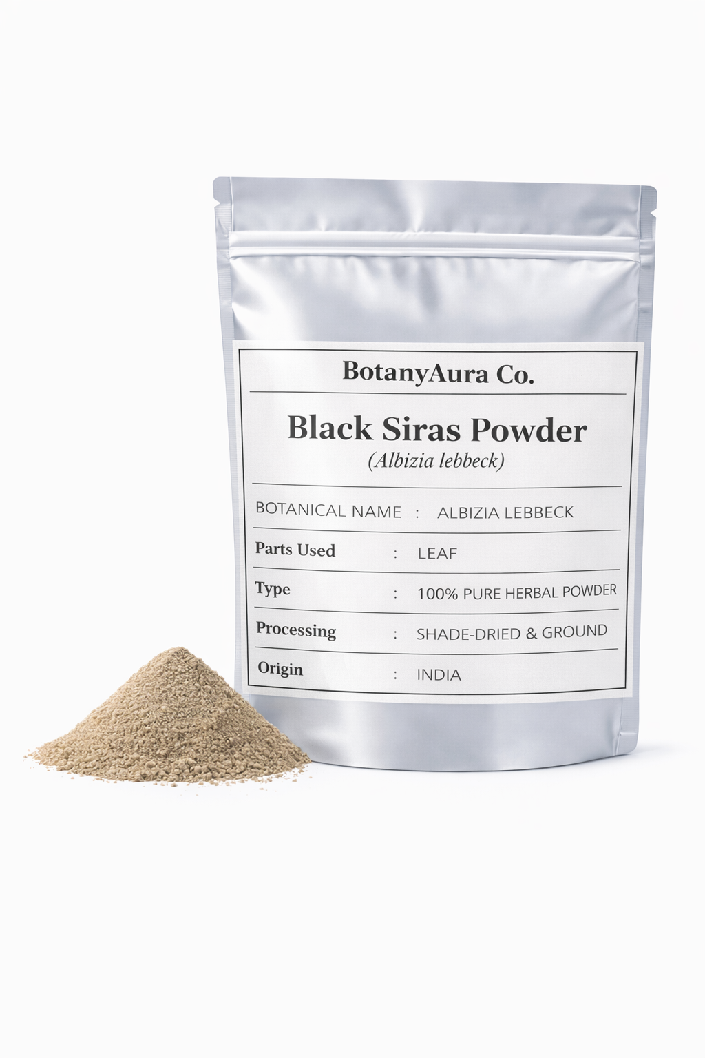 Black siras powder albizia lebbeck in silver pouch packaging with fine herbal powder by BotanyAura Co