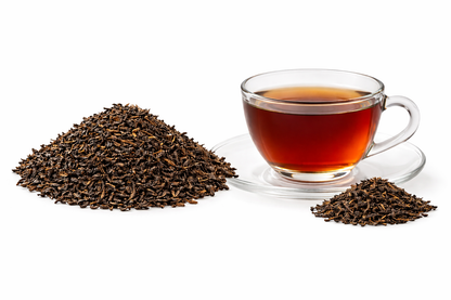 Black Tea 100% Leaf brewed tea in glass cup with whole tea leaves