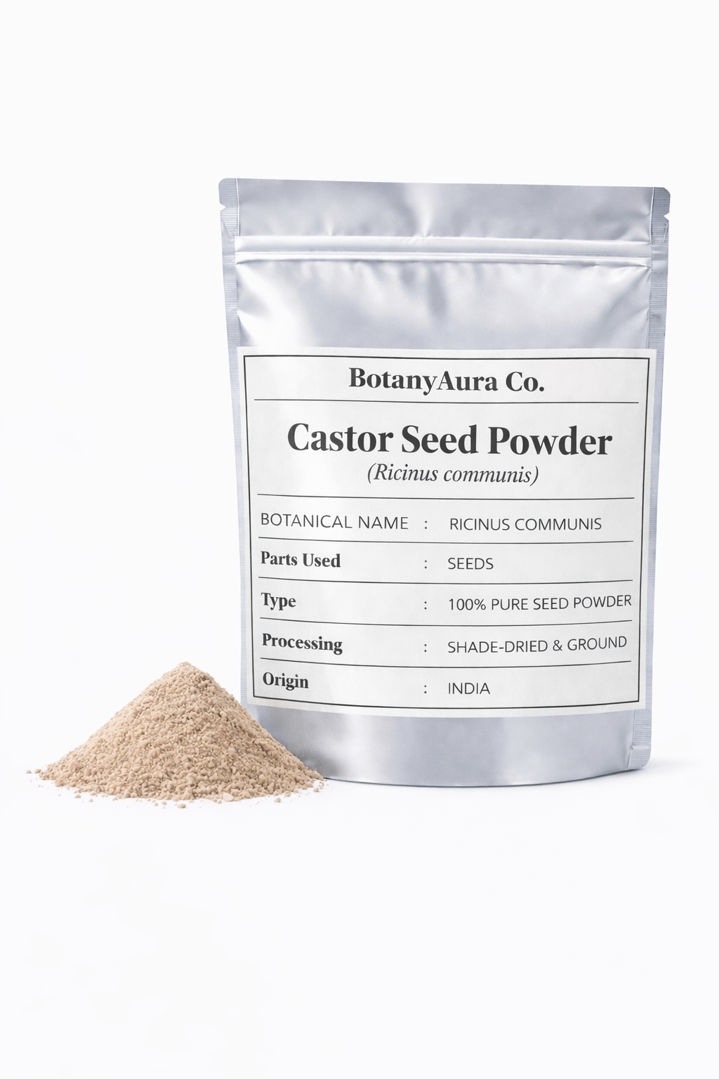Castor seed powder ricinus communis in silver pouch packaging with fine herbal seed powder by BotanyAura Co