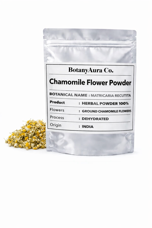 Chamomile flower powder matricaria recutita in silver pouch packaging with dried chamomile flowers by BotanyAura Co