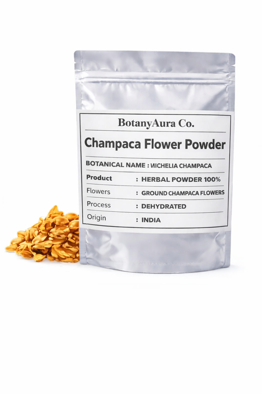 Champa flower powder michelia champaca in premium silver pouch packaging with dried yellow champa flowers by BotanyAura Co