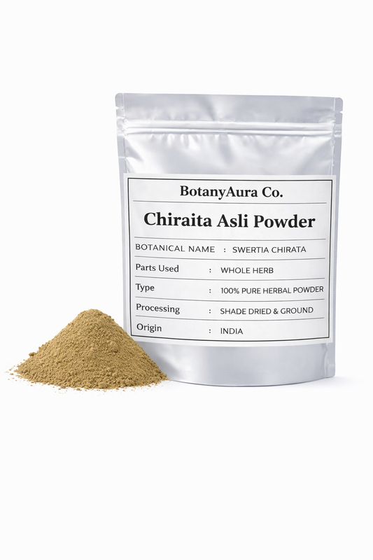 Chiraita asli powder swertia chirata in silver pouch packaging with natural herbal powder by BotanyAura Co