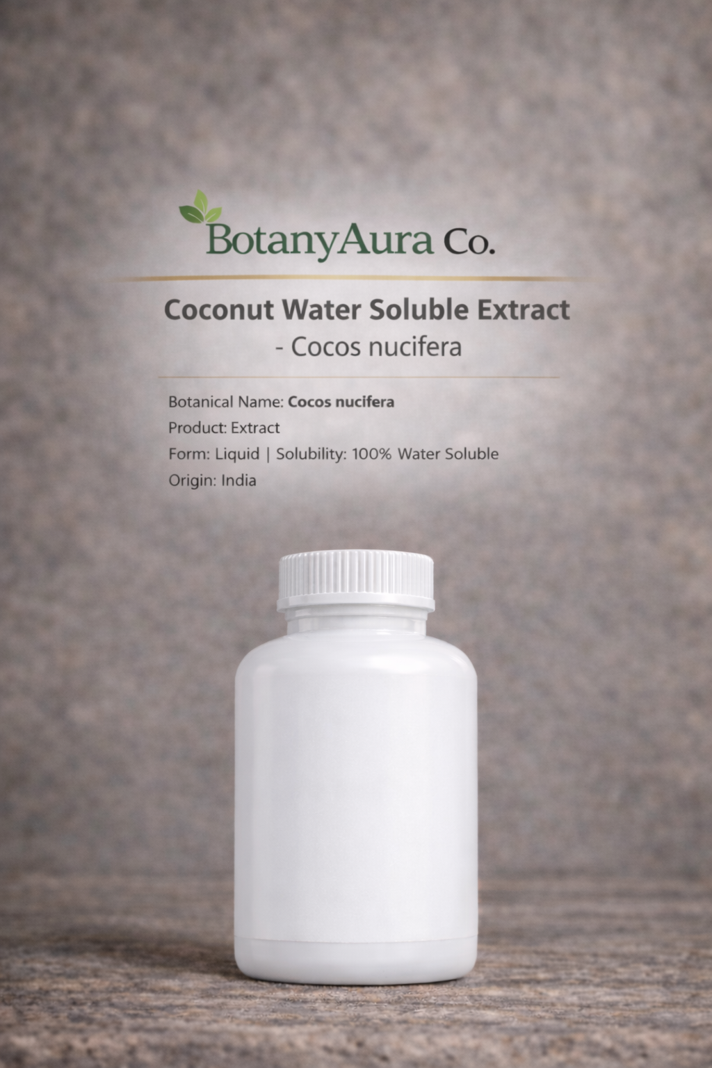 Coconut Water Soluble Extract by BotanyAura Co. in white bottle