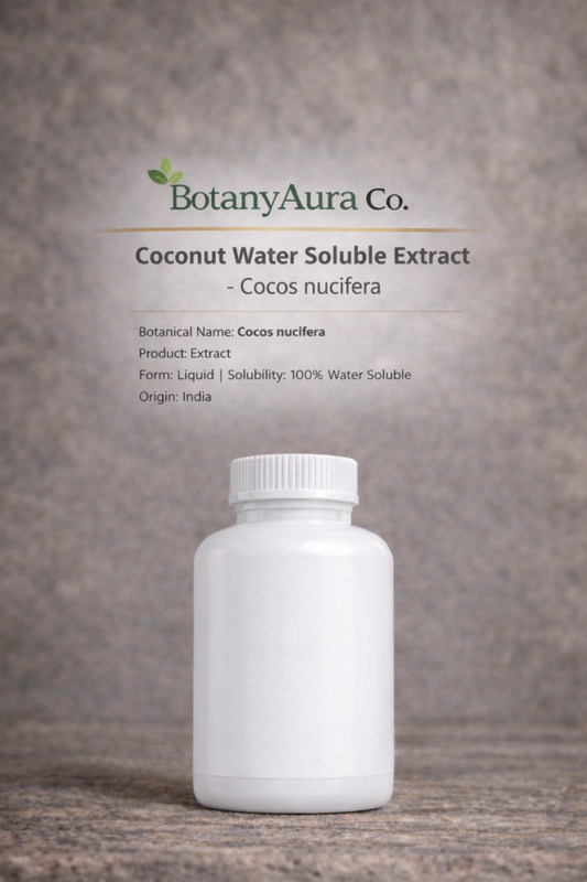 Coconut Water Soluble Extract by BotanyAura Co. in white bottle