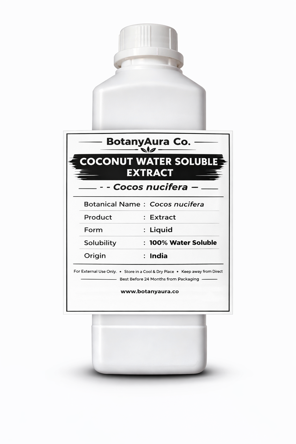 Coconut Water Soluble Extract by BotanyAura Co. in white bottle