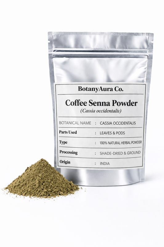 Coffee senna powder cassia occidentalis in silver pouch packaging with fine herbal powder by BotanyAura Co