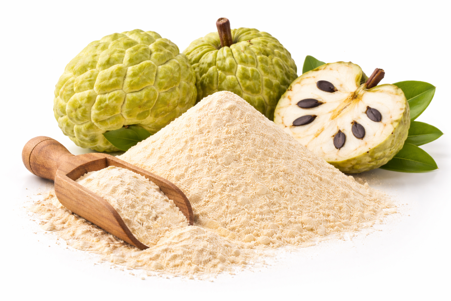 Pure custard apple powder made from Annona squamosa fruit on white background