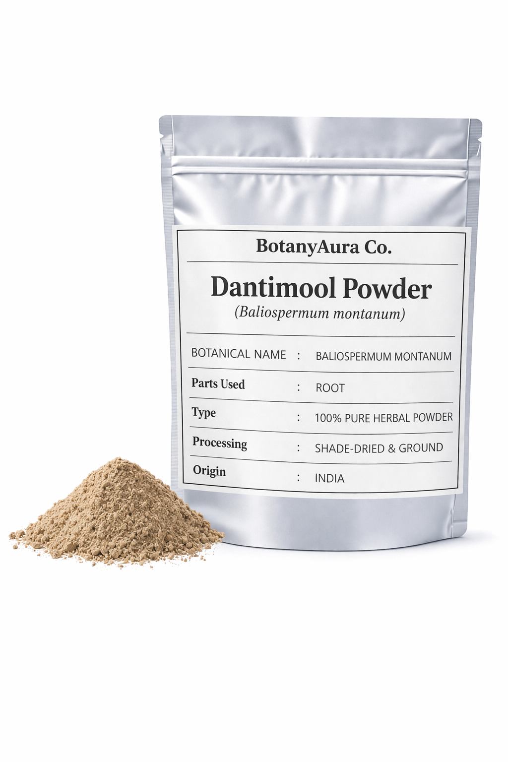 Dantimool powder baliospermum montanum in silver pouch packaging with fine herbal root powder by BotanyAura Co