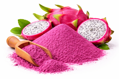 Pure dragon fruit powder made from dried pitaya fruit on white background