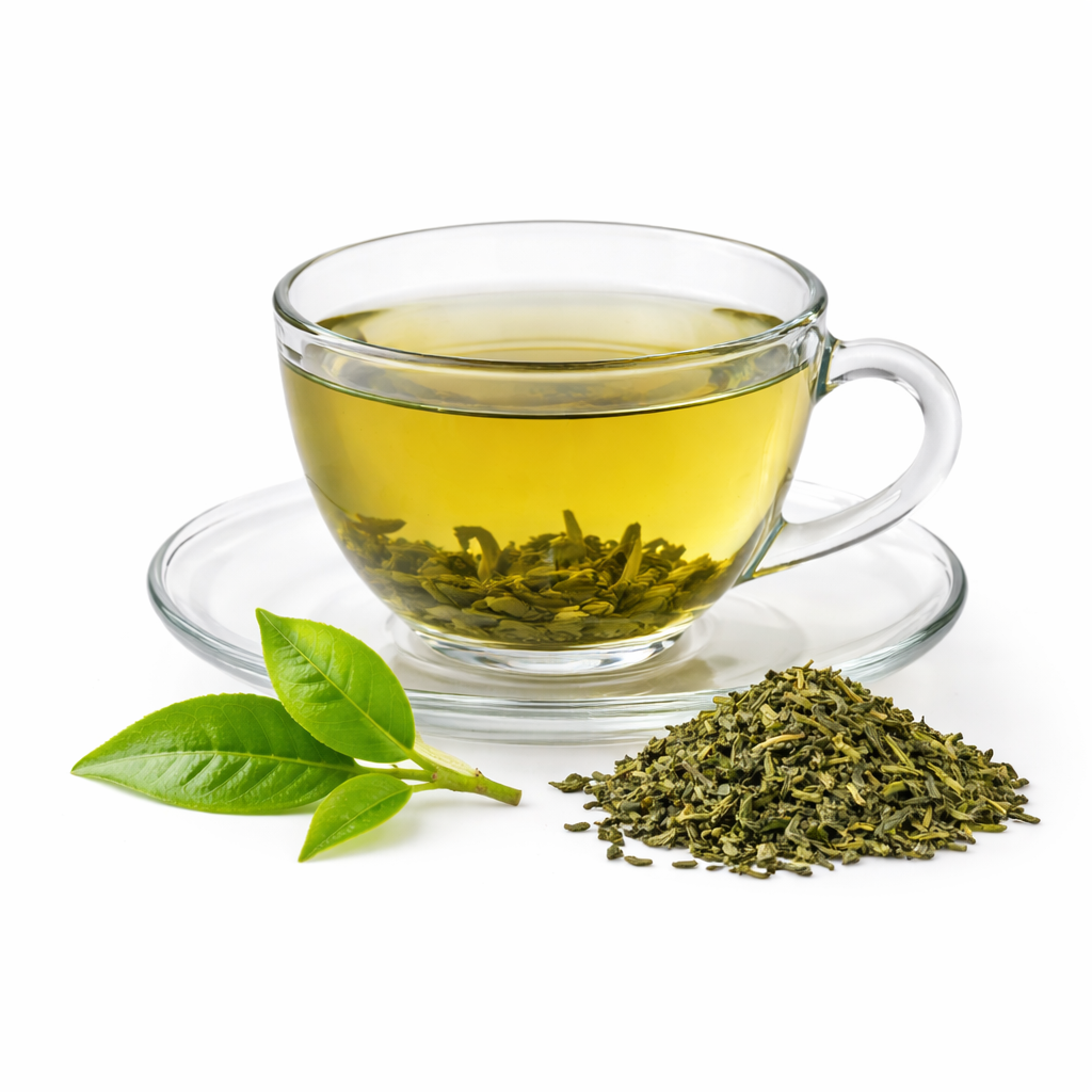 Brewed green tea in glass cup with Camellia sinensis leaves