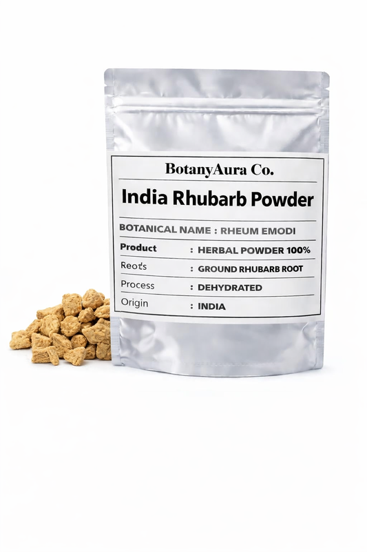 India Rhubarb Powder Rheum emodi in silver pouch packaging by BotanyAura Co with dried rhubarb roots
