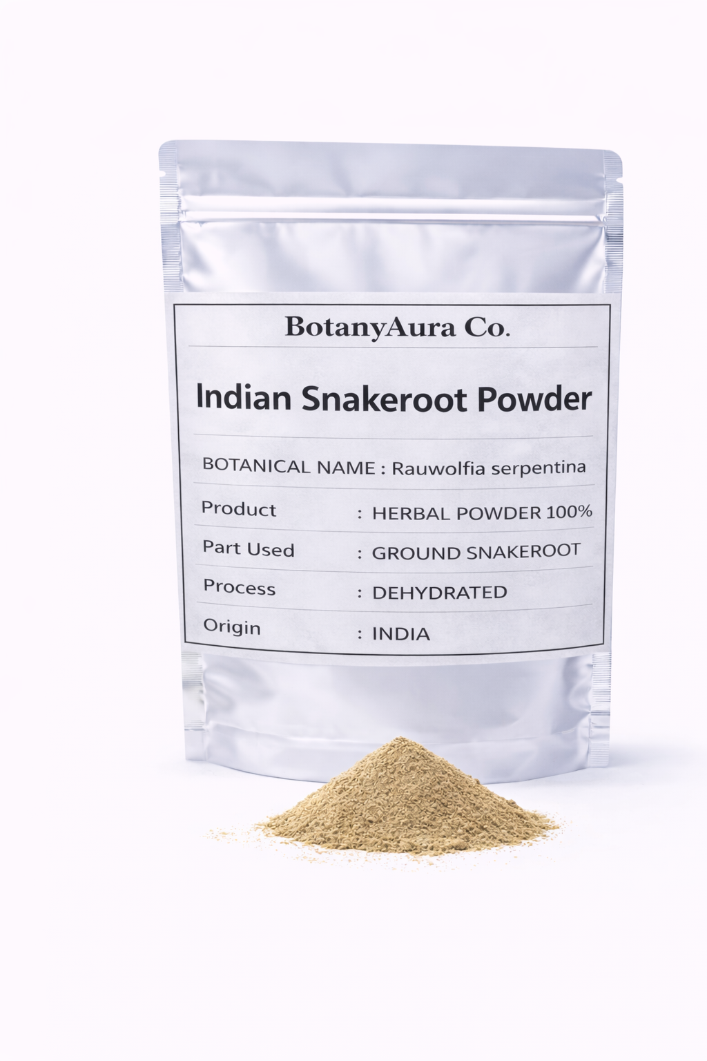 Indian Snakeroot Powder (Rauwolfia serpentina) premium herbal root powder in silver pouch