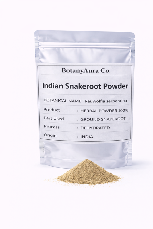Indian Snakeroot Powder (Rauwolfia serpentina) premium herbal root powder in silver pouch