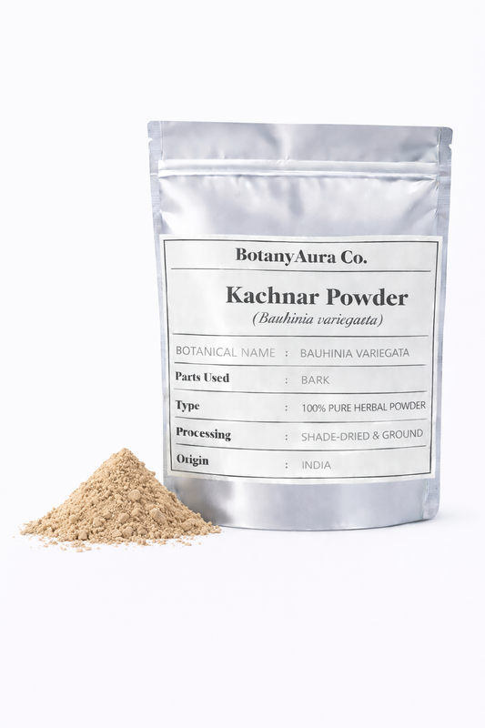 Kachnar powder bauhinia variegata in silver pouch packaging with fine herbal bark powder by BotanyAura Co