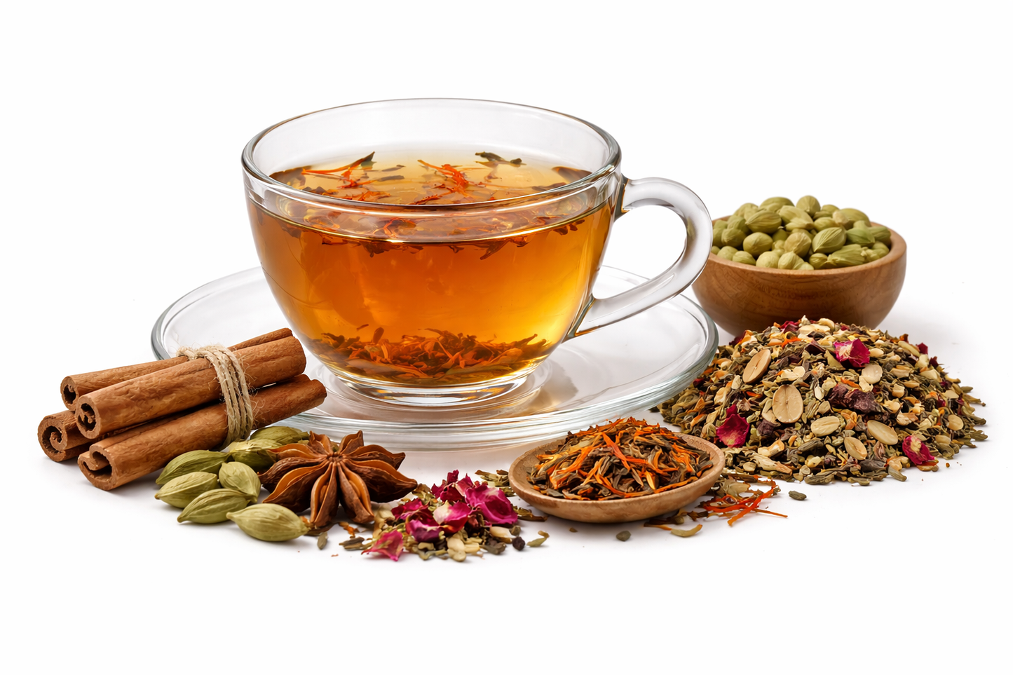 Kashmiri Kahwa tea served in glass cup made with green tea leaves saffron spices almonds and rose petals