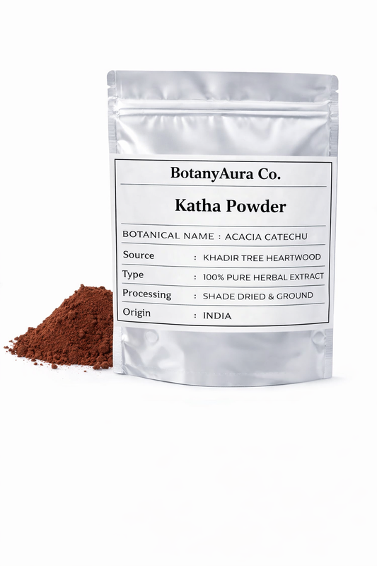 Katha powder acacia catechu in silver pouch packaging with natural brown herbal powder by BotanyAura Co