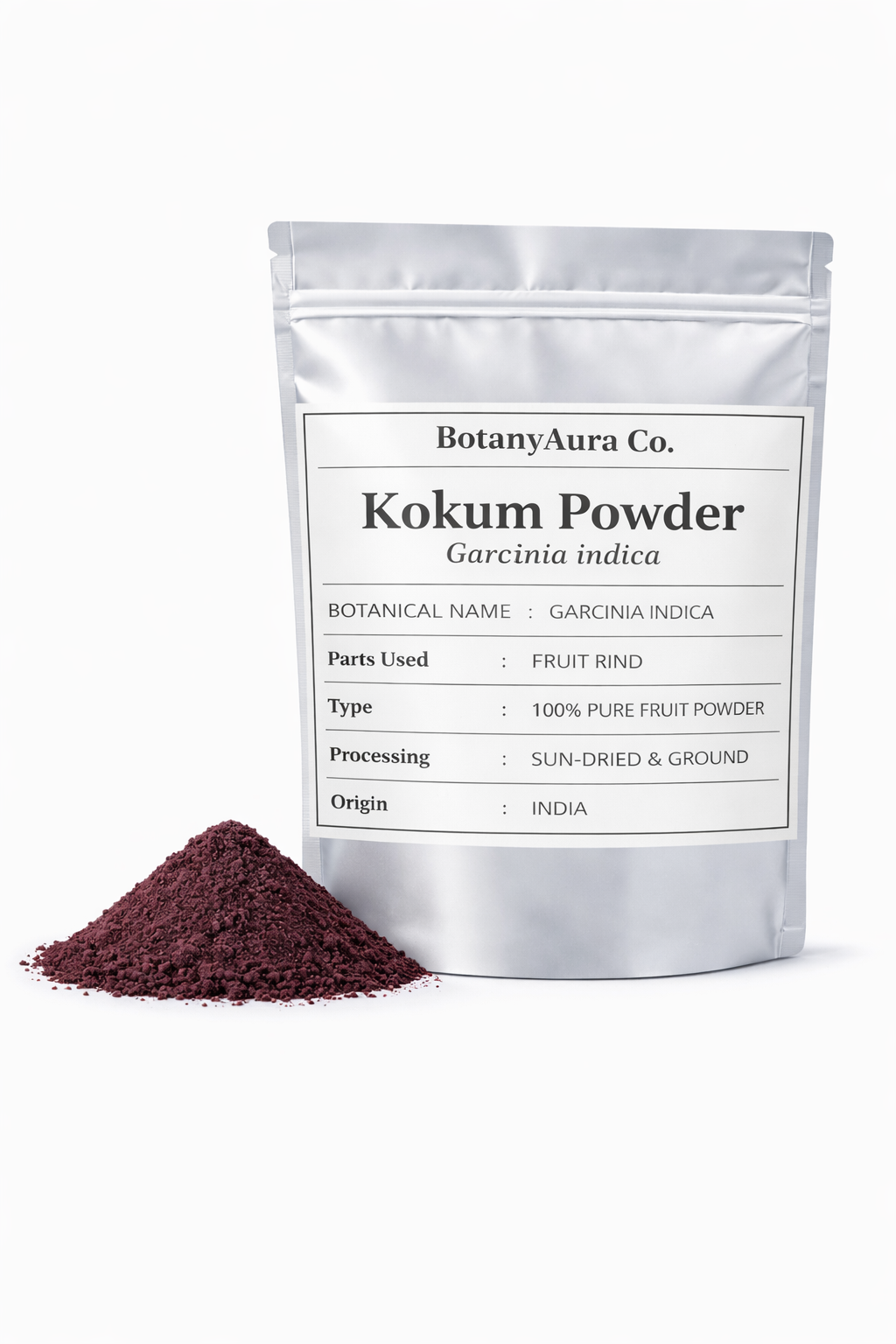 Kokum powder garcinia indica in silver pouch packaging with fine dark fruit powder by BotanyAura Co