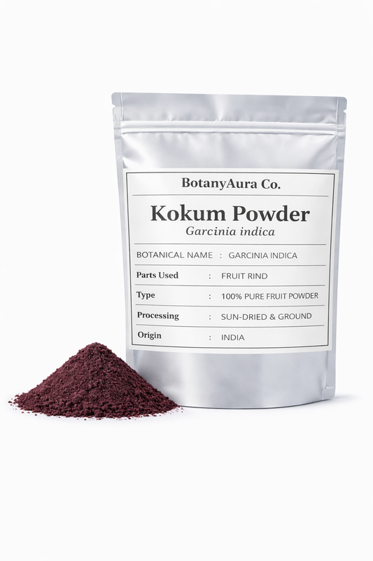 Kokum powder garcinia indica in silver pouch packaging with fine dark fruit powder by BotanyAura Co