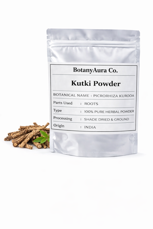 Kutki powder picrorhiza kurroa in silver pouch packaging with dried kutki roots by BotanyAura Co
