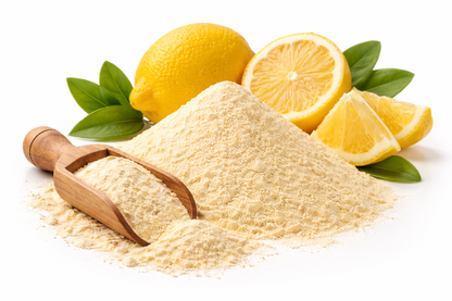 Pure lemon powder made from dried Citrus limon fruits on white background