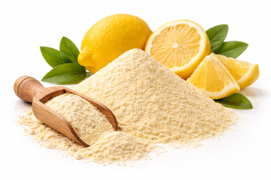 Pure lemon powder made from dried Citrus limon fruits on white background