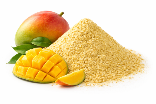 Pure mango powder amchur made from dried raw mangoes on white background