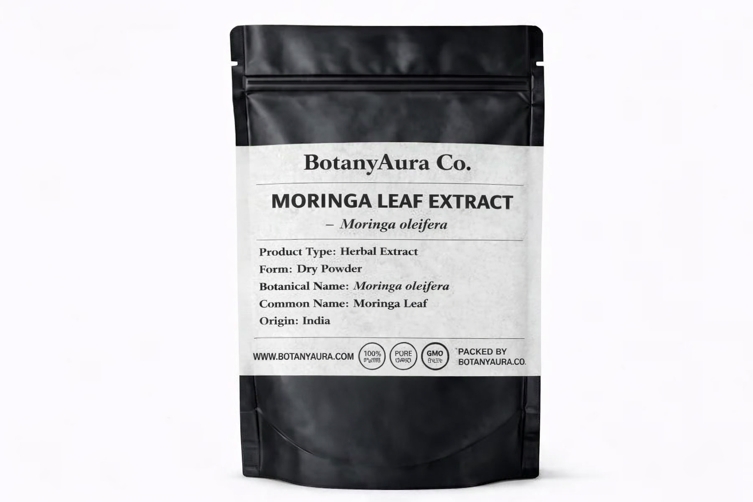 Premium Moringa Leaf Extract 10:1 powder in black pouch by BotanyAura