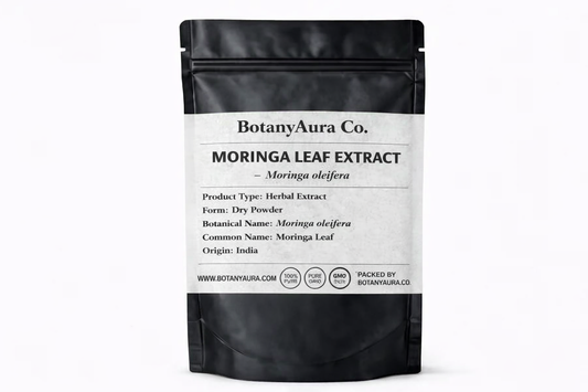 Premium Moringa Leaf Extract 10:1 powder in black pouch by BotanyAura
