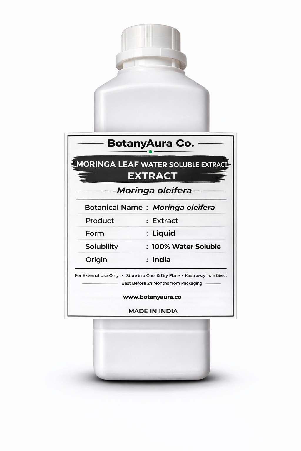 Moringa Leaf Water Soluble Extract by BotanyAura Co. in white bottle