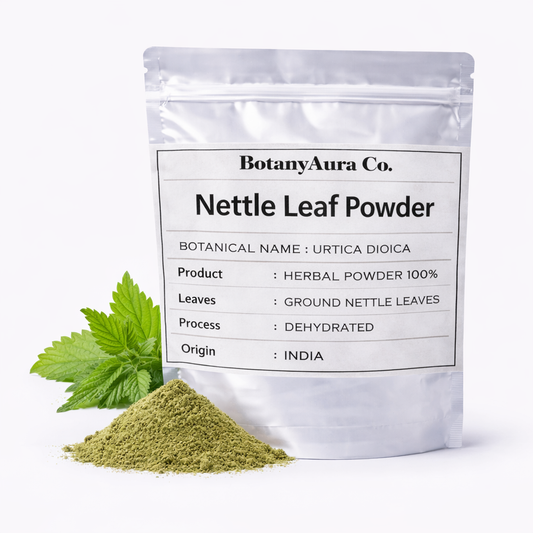 Nettle Leaf Powder in silver pouch with green leaves and fine powder on white background premium product image