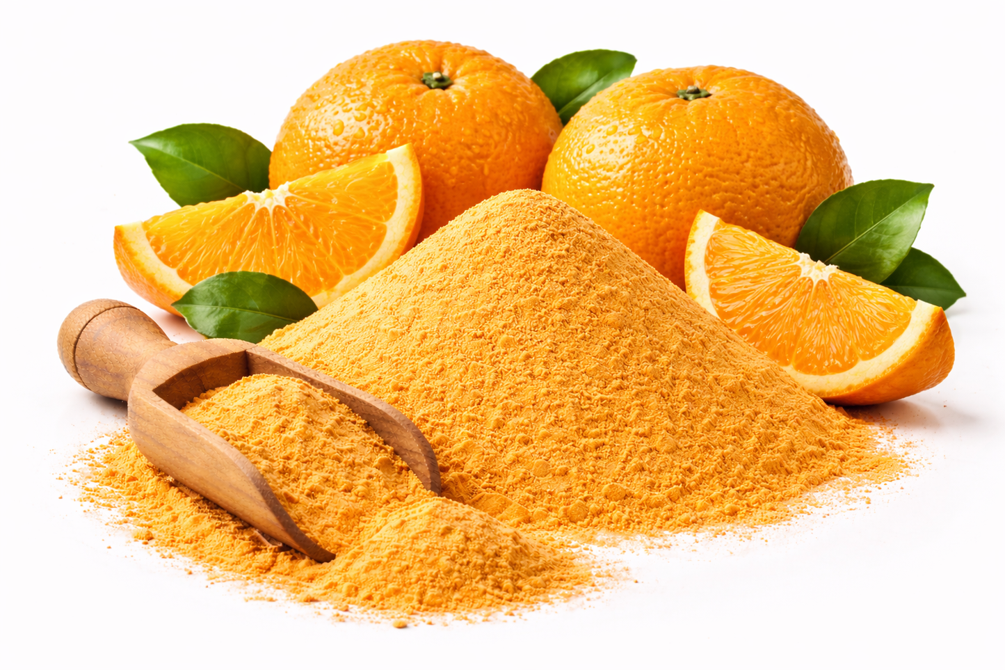 Orange powder made from Citrus sinensis fruit with fresh oranges on white background