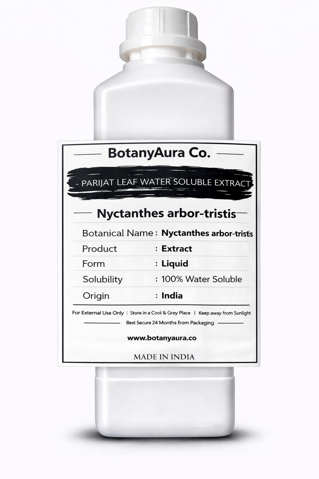 Parijat Leaf Water Soluble Extract by BotanyAura Co. in white bottle