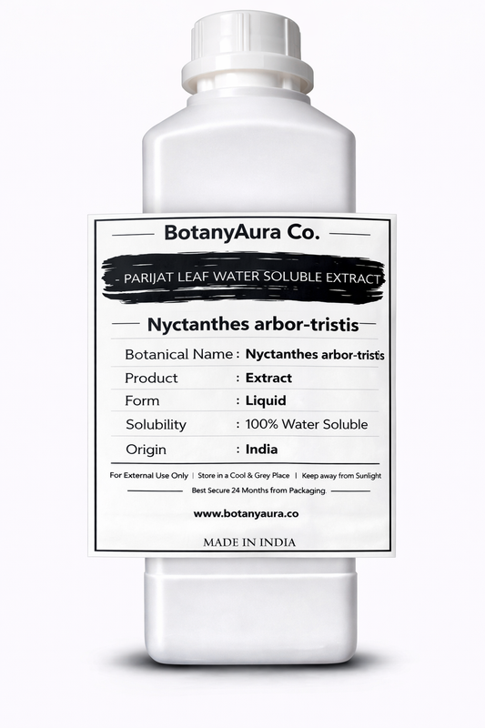 Parijat Leaf Water Soluble Extract by BotanyAura Co. in white bottle