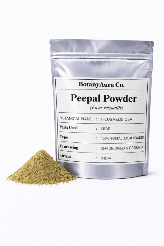 Peepal powder ficus religiosa in silver pouch packaging with fine herbal leaf powder by BotanyAura Co