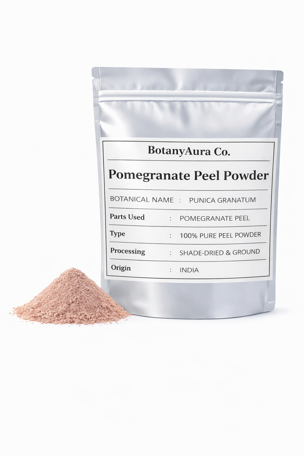 Pomegranate peel powder punica granatum in silver pouch packaging with fine herbal powder by BotanyAura Co