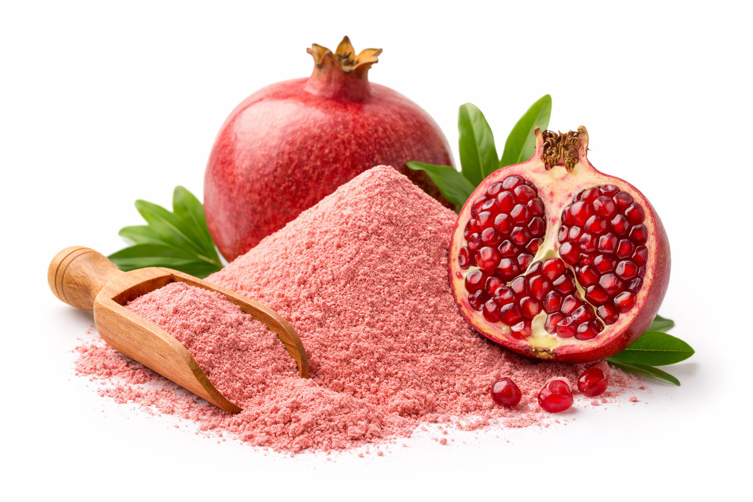 Pure pomegranate powder made from dried pomegranate fruit on white background