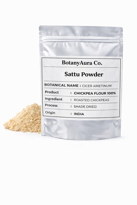 Premium sattu powder roasted chickpea flour in silver pouch packaging with fine gram flour by BotanyAura Co
