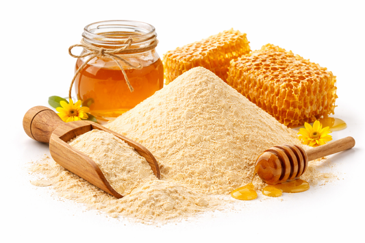 Pure honey powder made from natural honey with honeycomb on white background