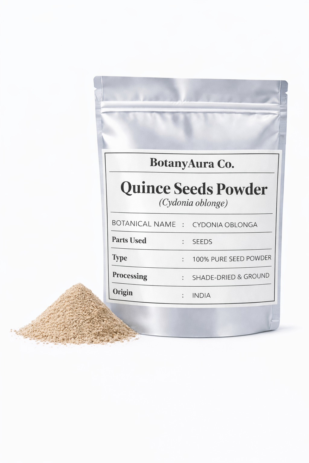 Quince seeds powder cydonia oblonga in silver pouch packaging with fine herbal seed powder by BotanyAura Co
