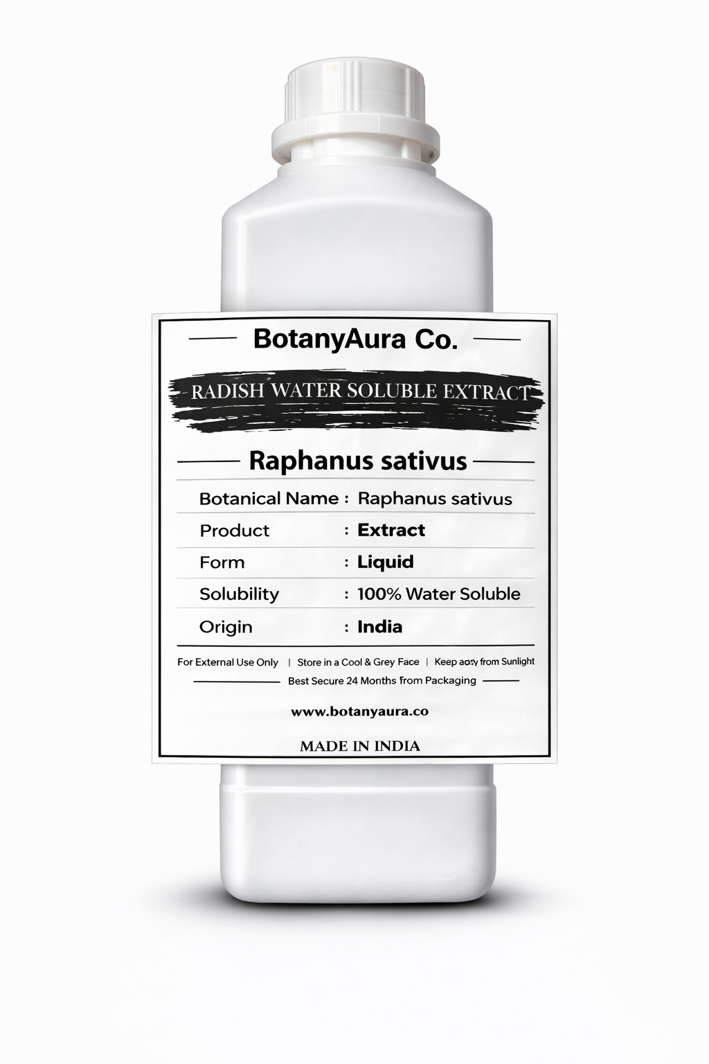 Radish Water Soluble Extract by BotanyAura Co. in white bottle